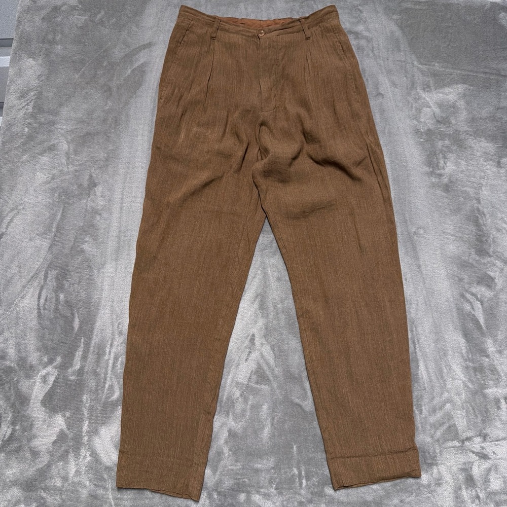 Vintage G Gigli Trousers Mens 48 Medium Brown Linen Pleated Italy Quiet Luxury